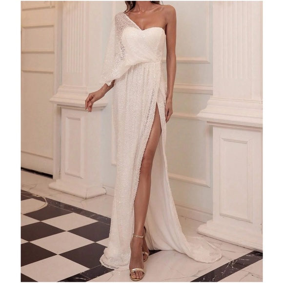Luxe Sequin One Shoulder Evening Formal Wedding Dress - Picture 2 of 8